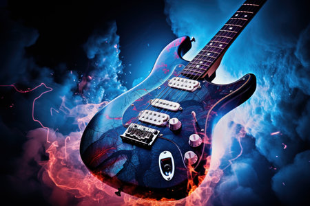 Bold Electric blue guitar background. Sound wood. Generate Aiの素材