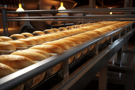 High-capacity Bread bakery conveyor. Hot bake fresh. Generate Aiの素材
