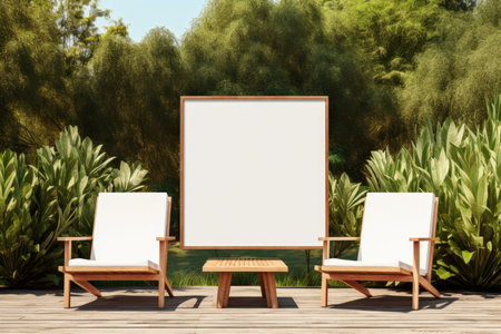 Garden wooden furniture background. Sunny day. Generate Aiの素材