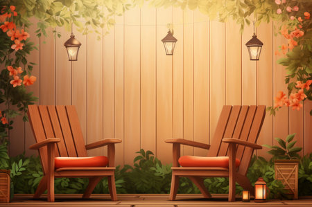 Serene Garden wooden furniture background. Sunny day. Generate Aiの素材
