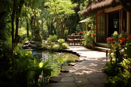 Garden outside terrace pool. Home family. Generate Aiの素材