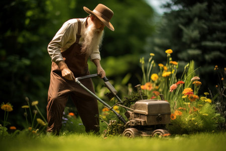 Industrious Gardener mowing grass. Nature sunset. Generate Aiの素材