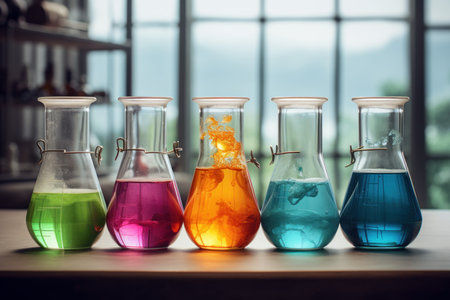 Reactive Colorful beakers chemicals tool. Set study. Generate Aiの素材