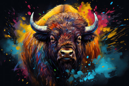 Striking Colorful bison splashes. Wild animal. Generate Aiの素材
