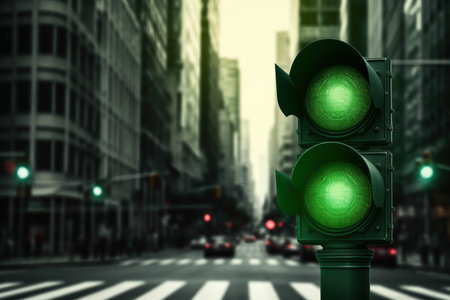 Urban City green traffic light street. Car lamp. Generate AIの素材