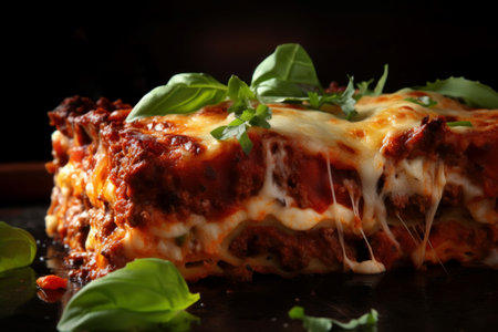 Aromatic Closeup lasagna. Food table meat. Generate Aiの素材