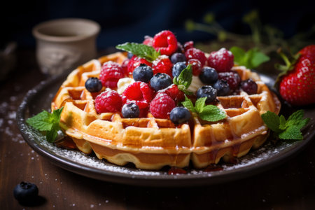 Cooked Belgian waffles during sunrise. The saccharin flavor enhances its appeal. Generate Aiの素材