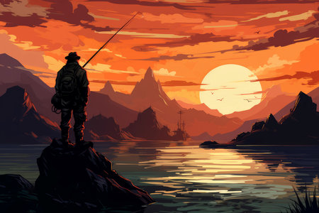 Fisherman man fishing rod. Sunset gear. Generate Aiの素材