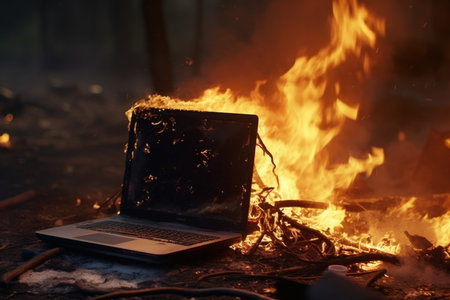 Hazardous Burning laptop table. Digital notebook. Generate Aiの素材