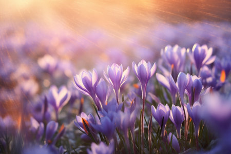 Picturesque Sunny crocus field. Nature flower. Generate AIの素材