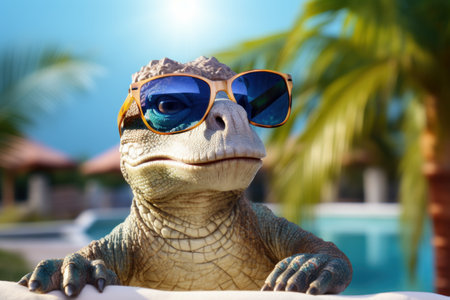 Amusing Baby cute dinosaur in sunglasses. Lizard reptile. Generate Aiの素材
