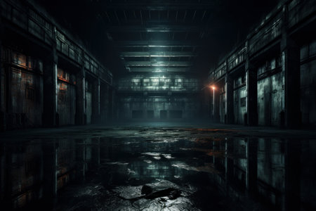 Cavernous Dark empty warehouse. Hall inside floor. Generate Aiの素材