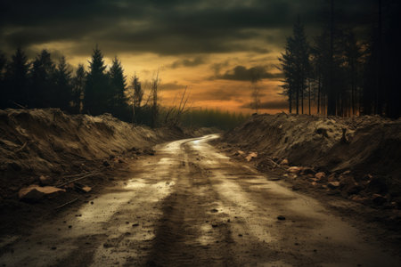 Neglected Dirt abandoned road. Nature scary forest. Generate Aiの素材