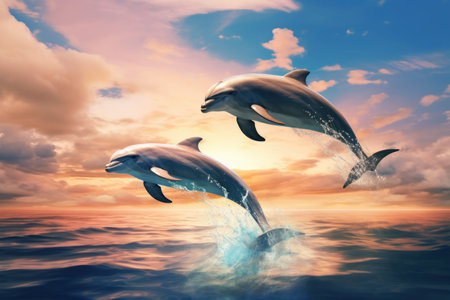 Luminous Dolphin sky sea. Animal jump couple. Generate Aiの素材