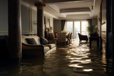 Wrecked Flooded flat interior room. Bad cellar. Generate Aiの素材