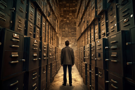 Organized Archivist think about work. Green filing cabinets. Generate Aiの素材