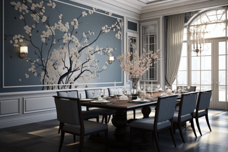 Stylish Dinning room interior. Wood house decor. Generate Aiの素材