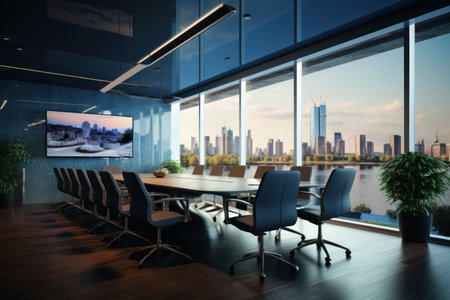 Expansive Panoramic meeting room view. Empty glass light. Generate AIの素材