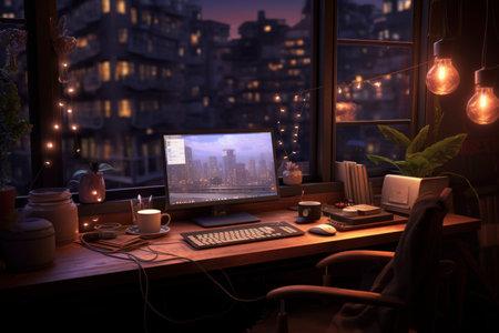 Warm Cozy workspace. Desktop plant spring. Generate AIの素材