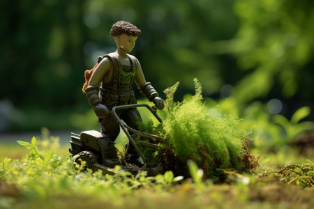 Patient Gardener mowing grass. Nature sunset. Generate AIの素材