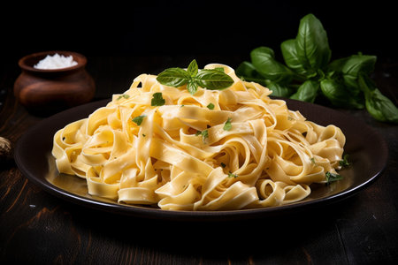 Tantalizing Fettuccine pasta banner. Dish dinner. Generate AIの素材
