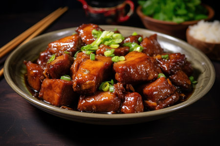 Tangy Chinese dish pork. Asian meal table. Generate Aiの素材