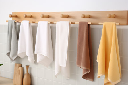 Hygienic Kitchen colorful towels hanging on rack. Cleaning hook. Generate AIの素材