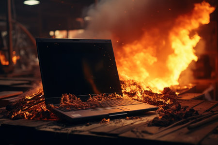 Damaged Burning laptop table. Digital notebook. Generate Aiの素材