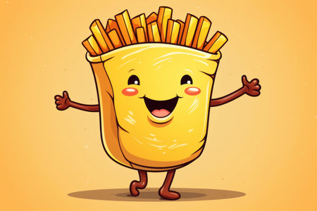 Cheerful Cute fried fries character. Cartoon 3d food. Generate Aiの素材