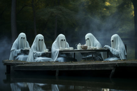 Mystical Ghosts take tea picnic house. Face smoke. Generate Aiの素材