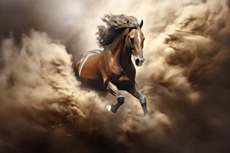 Horse wild running through clouds. Beautiful mammal. Generate Aiの素材