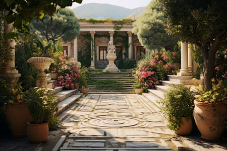 Captivating Greek style garden pool. Blossom island. Generate Aiの素材