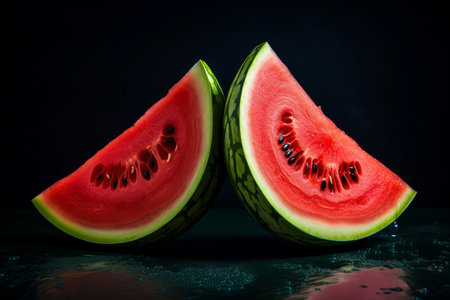 Refreshing Halved watermelon. Fruit cut ripe. Generate aiの素材