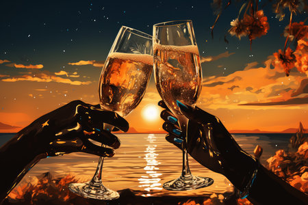 Hands holding champagne sea beach. Summer travel. Generate Aiの素材