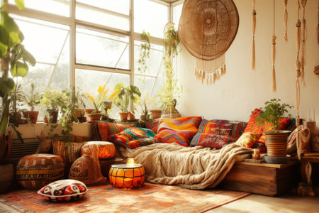 Home interior boho living room. Decor sofa. Generate Aiの素材