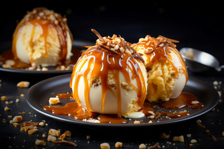 Delicious Ice cream balls. Tasty cold creamy. Generate Aiの素材