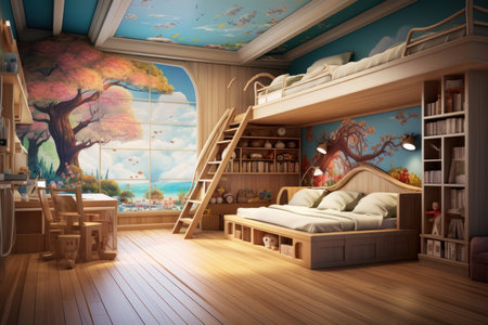 Rustic Wood interior kid room. Medieval style. Generate Aiの素材