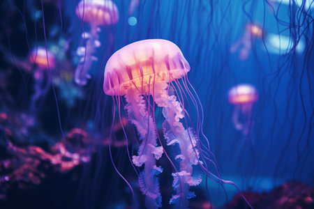 Jellyfish glowing pink underwater color. Flower deep. Generate AIの素材