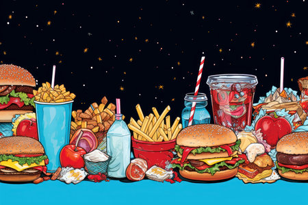 Colorful Junk food border. Fast meal drink. Generate Aiの素材