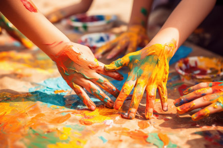 Kids hands painting. Artist coloring. Generate Aiの素材