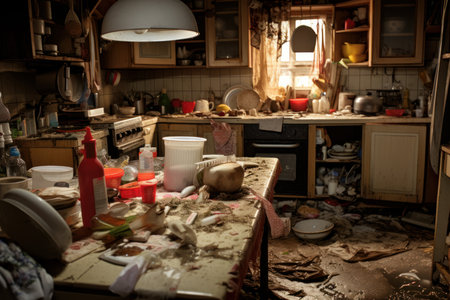 Cluttered Kitchen messy dirty. Unclean wash. Generate Aiの素材