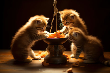 Playful Kittens eat feeder. Feline eat. Generate Aiの素材