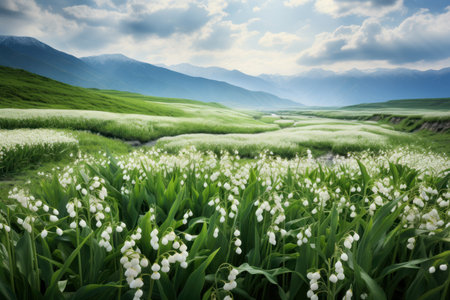 Lily valley blooming field. Season flower. Generate Aiの素材