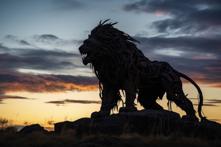 Lion standing rock sunset. Predator leo. Generate Aiの素材