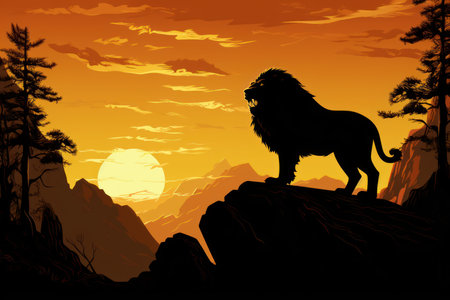 Vibrant Lion standing rock sunset. Predator leo. Generate Aiの素材