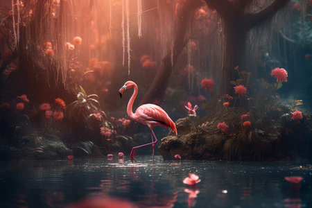 Surreal Flamingo dreamy forest. Animal beauty. Generate AIの素材