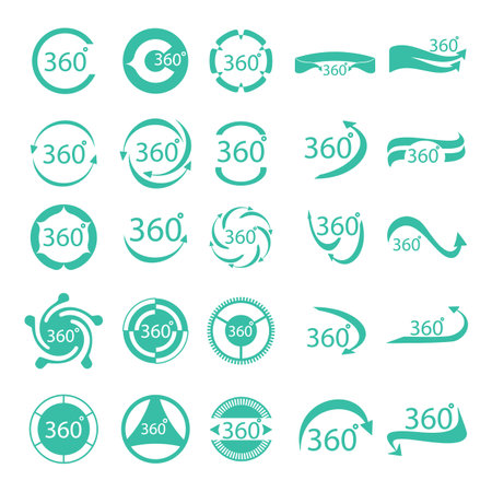 360 degrees icons set cartoon vector. Arrow virtual video. Vr view glassesのイラスト素材