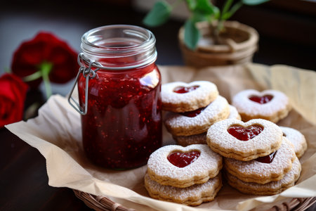 Delicious Hearts jam cookies valentines day. Sweet tasty. Generate Aiの素材