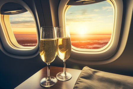 High-altitude Glasses with champagne on airplane flight. Luxury private plane VIP service. Generate aiの素材