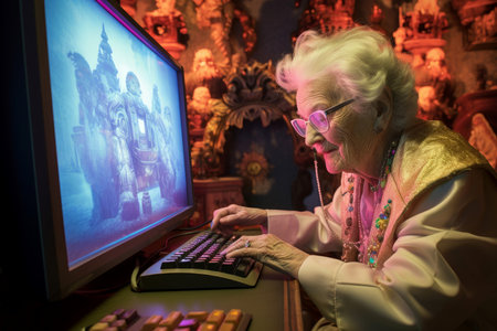 Witty Grandma plays computer game. Happy character. Fictional person. Generate Aiの素材